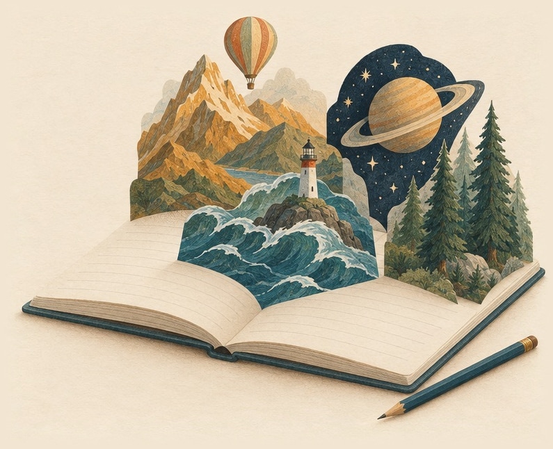 Four worlds rising out of an open notebook