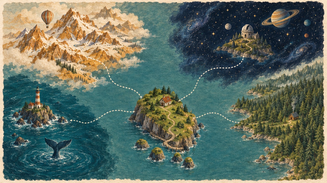 Map of paths from Novice Island to the four worlds